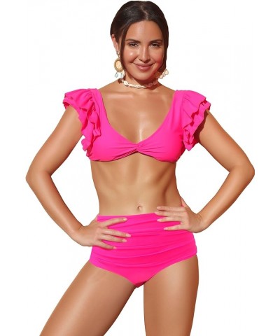 Women Ruffle High Waist Swimsuit Two Pieces Push Up Tropical Print Bikini Hot Pink $18.54 Swimsuits