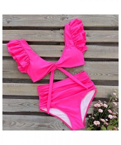 Women Ruffle High Waist Swimsuit Two Pieces Push Up Tropical Print Bikini Hot Pink $18.54 Swimsuits