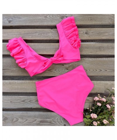 Women Ruffle High Waist Swimsuit Two Pieces Push Up Tropical Print Bikini Hot Pink $18.54 Swimsuits