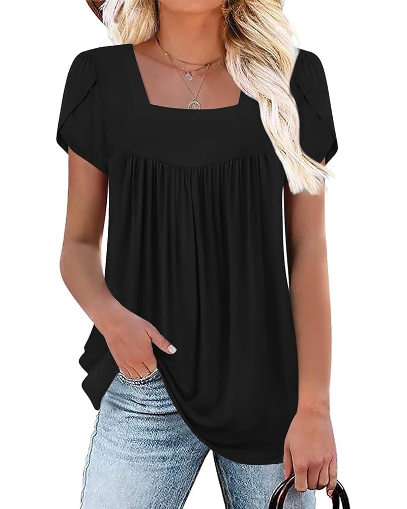 Women's Petal Short Sleeve Tunic Top Casual Square Neck Shirts Loose Fitting Cute Blouse Petal Sleeve-black $11.79 Tops