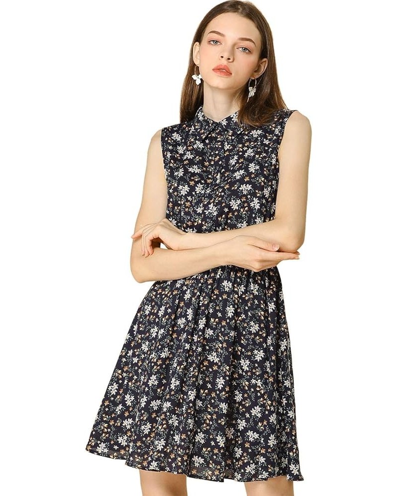 Women's Valentine's Day Floral Printed Half Placket Knee Length Sleeveless Spring Belted Dress Dark Blue-brown Floral $13.92 ...