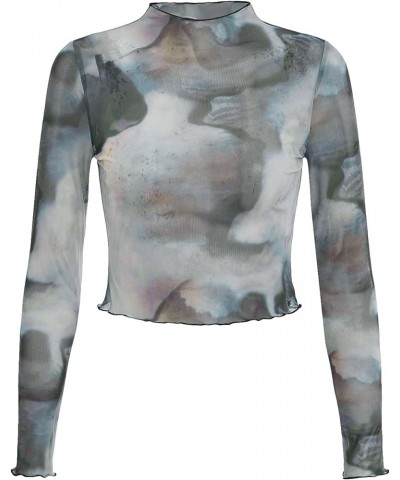 Women's Tie Dye Sheer Mesh Tee Tops Long Sleeve Mock Neck Crop T Shirts Multicolor $7.50 T-Shirts