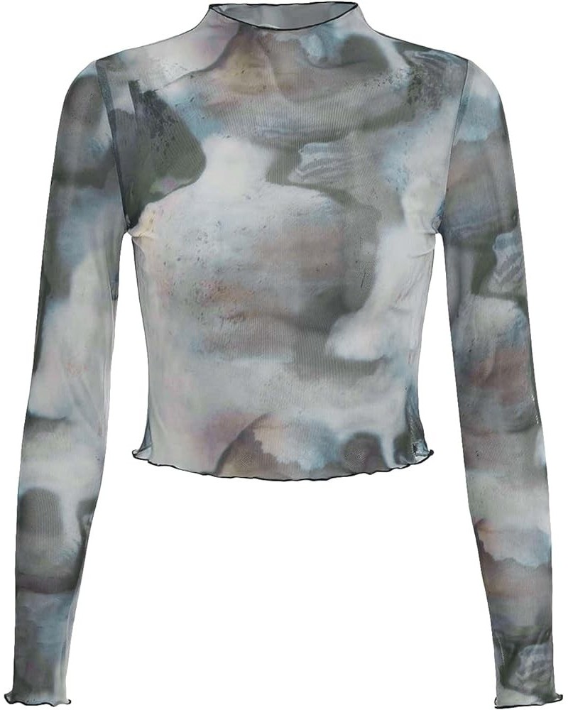 Women's Tie Dye Sheer Mesh Tee Tops Long Sleeve Mock Neck Crop T Shirts Multicolor $7.50 T-Shirts