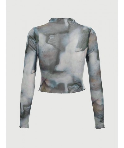 Women's Tie Dye Sheer Mesh Tee Tops Long Sleeve Mock Neck Crop T Shirts Multicolor $7.50 T-Shirts