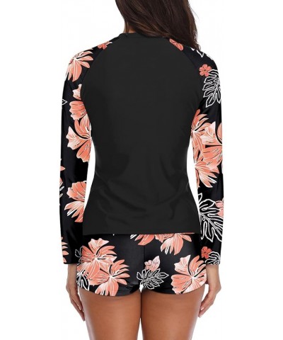 Women Two Piece Rash Guard Long Sleeve Swimsuit Swim Shirt with Shorts Modest Bathing Suit UPF 50+ Black Orange Floral $22.13...