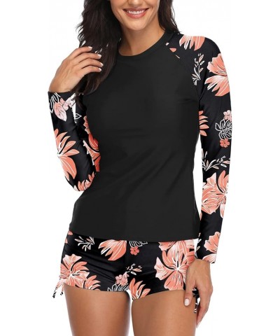 Women Two Piece Rash Guard Long Sleeve Swimsuit Swim Shirt with Shorts Modest Bathing Suit UPF 50+ Black Orange Floral $22.13...