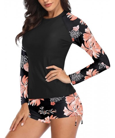 Women Two Piece Rash Guard Long Sleeve Swimsuit Swim Shirt with Shorts Modest Bathing Suit UPF 50+ Black Orange Floral $22.13...