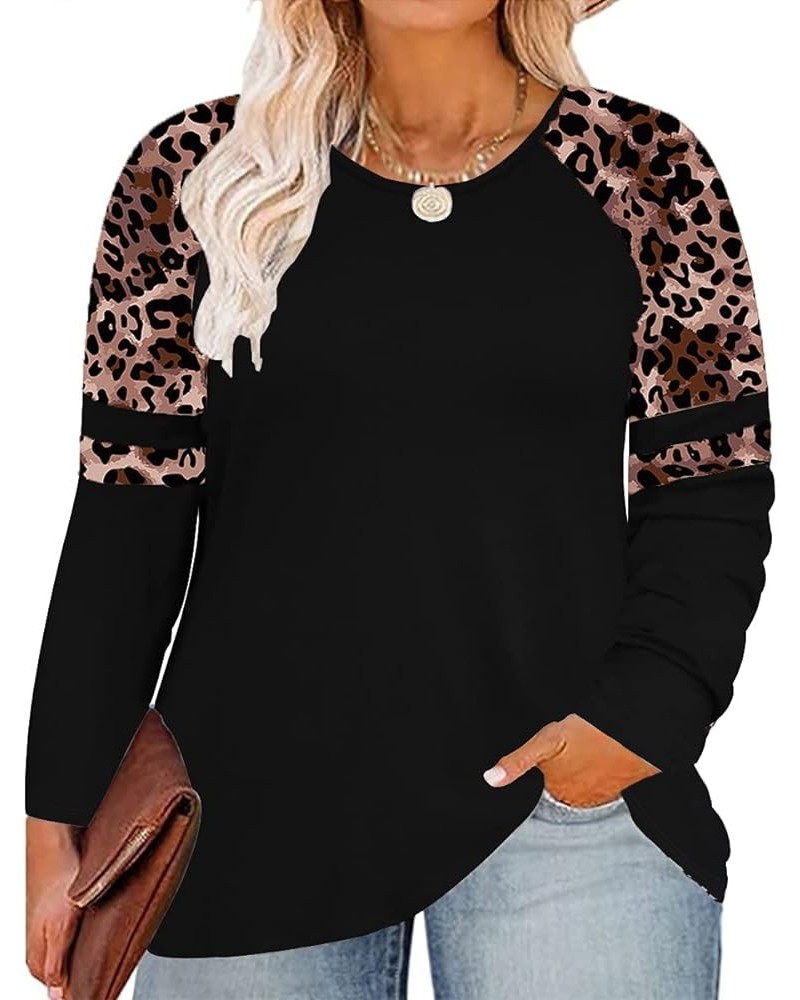 Plus Size Tops for Women Long Sleeve Raglan Tops Flower/Tie Dye/Camo/Aztec/Leopard Print T Shirts Tunic Fall Xl-5Xl A16n-leop...