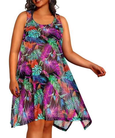 Plus Size Swimsuit Cover Up Beach Swimwear See Through Sheer Mesh Tank Dress Tropical2 $12.00 Swimsuits