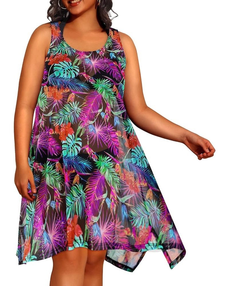 Plus Size Swimsuit Cover Up Beach Swimwear See Through Sheer Mesh Tank Dress Tropical2 $12.00 Swimsuits