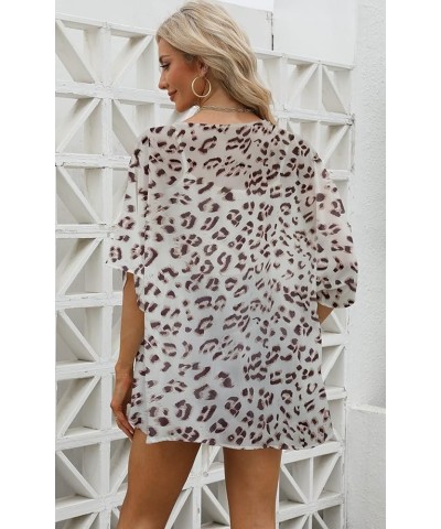 Women's 3/4 Sleeve Floral Print Kimono Sheer Chiffon Loose Cardigan S-3XXL White Leopard Print $12.71 Sweaters