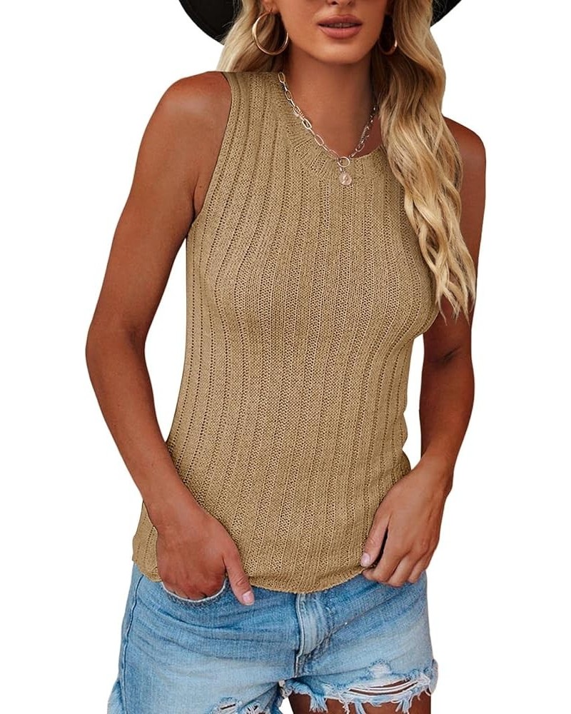 Womens High Neck Tank Top Summer Ribbed Sleeveless Shirts Casual Loose Knit Cami Sweater Vest Camel $14.49 Tanks