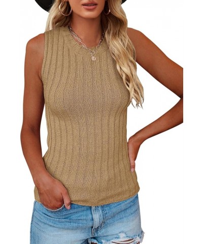 Womens High Neck Tank Top Summer Ribbed Sleeveless Shirts Casual Loose Knit Cami Sweater Vest Camel $14.49 Tanks