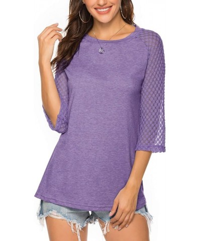 Women's 3/4 Raglan Lace Sleeve Crewneck Blouses T-Shirt Tunics Tops Lilac $12.95 Tops