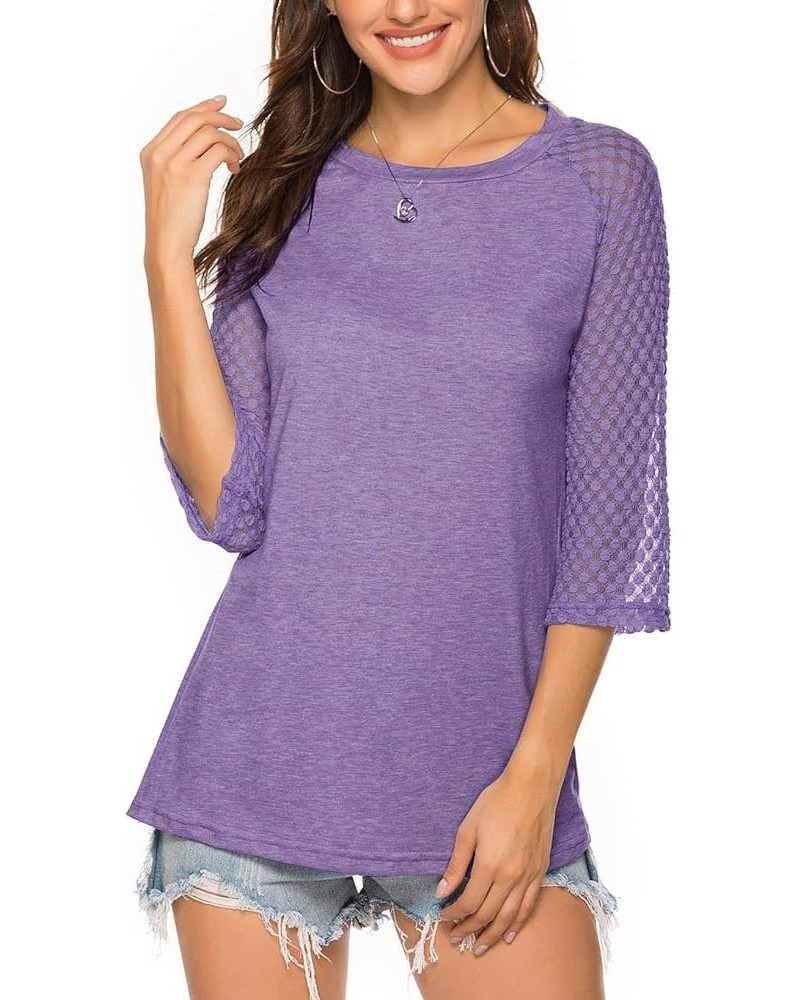 Women's 3/4 Raglan Lace Sleeve Crewneck Blouses T-Shirt Tunics Tops Lilac $12.95 Tops