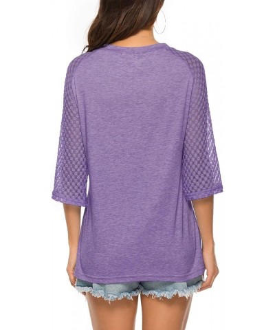 Women's 3/4 Raglan Lace Sleeve Crewneck Blouses T-Shirt Tunics Tops Lilac $12.95 Tops