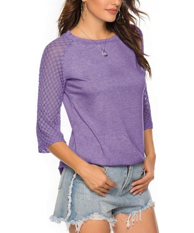 Women's 3/4 Raglan Lace Sleeve Crewneck Blouses T-Shirt Tunics Tops Lilac $12.95 Tops