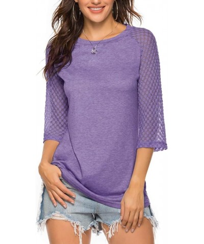 Women's 3/4 Raglan Lace Sleeve Crewneck Blouses T-Shirt Tunics Tops Lilac $12.95 Tops