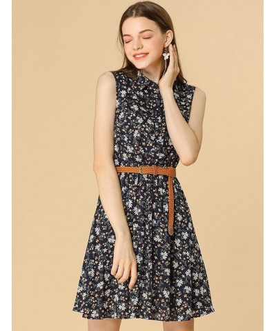 Women's Valentine's Day Floral Printed Half Placket Knee Length Sleeveless Spring Belted Dress Dark Blue-brown Floral $13.92 ...