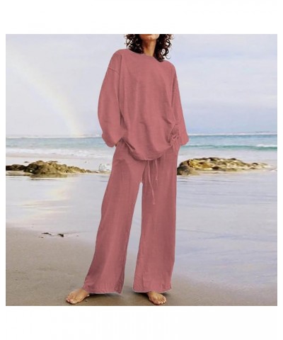 2 Piece Outfits for Women Casual V-Neck Long Sleeve Top Elasticated Trousers Solid Colour Suit with Pocket 2-pink $21.23 Suits