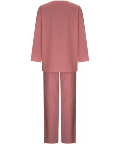 2 Piece Outfits for Women Casual V-Neck Long Sleeve Top Elasticated Trousers Solid Colour Suit with Pocket 2-pink $21.23 Suits