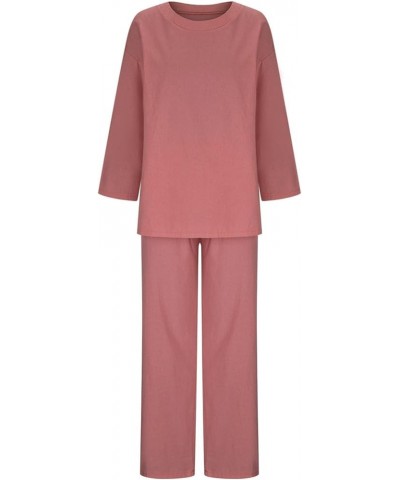 2 Piece Outfits for Women Casual V-Neck Long Sleeve Top Elasticated Trousers Solid Colour Suit with Pocket 2-pink $21.23 Suits