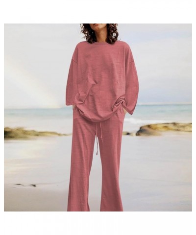 2 Piece Outfits for Women Casual V-Neck Long Sleeve Top Elasticated Trousers Solid Colour Suit with Pocket 2-pink $21.23 Suits