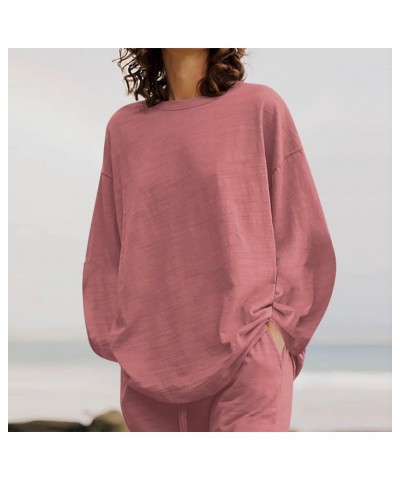 2 Piece Outfits for Women Casual V-Neck Long Sleeve Top Elasticated Trousers Solid Colour Suit with Pocket 2-pink $21.23 Suits