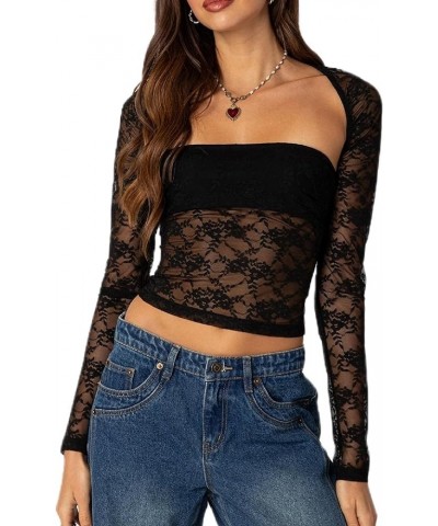 Women's Lace Trim Long Sleeve 2 Piece Set Tube Tops with Bolero Shrugs Y2K Crop Top Sexy Going Out T Shirts Black Patchwork $...