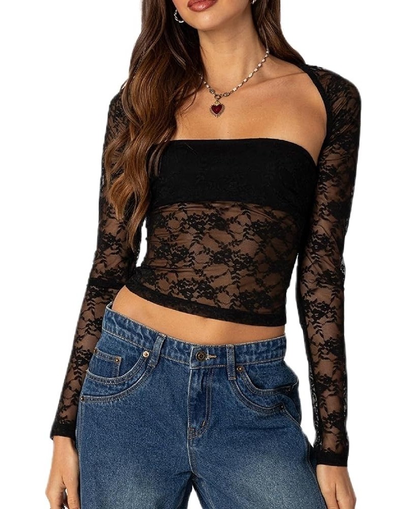 Women's Lace Trim Long Sleeve 2 Piece Set Tube Tops with Bolero Shrugs Y2K Crop Top Sexy Going Out T Shirts Black Patchwork $...