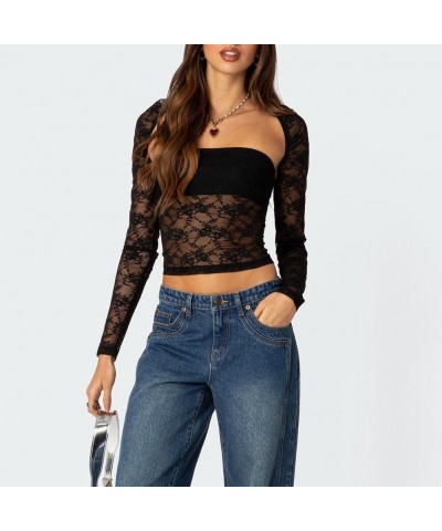 Women's Lace Trim Long Sleeve 2 Piece Set Tube Tops with Bolero Shrugs Y2K Crop Top Sexy Going Out T Shirts Black Patchwork $...