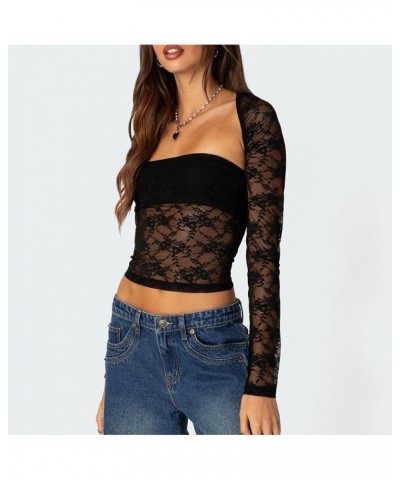 Women's Lace Trim Long Sleeve 2 Piece Set Tube Tops with Bolero Shrugs Y2K Crop Top Sexy Going Out T Shirts Black Patchwork $...