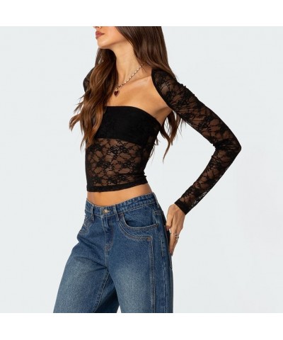 Women's Lace Trim Long Sleeve 2 Piece Set Tube Tops with Bolero Shrugs Y2K Crop Top Sexy Going Out T Shirts Black Patchwork $...