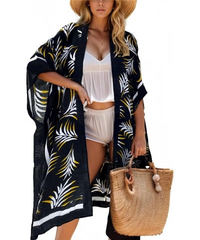 Women's Beach Cover up Swimsuit Kimono Cardigan with Bohemian Floral Print E Black Leaves $12.00 Swimsuits