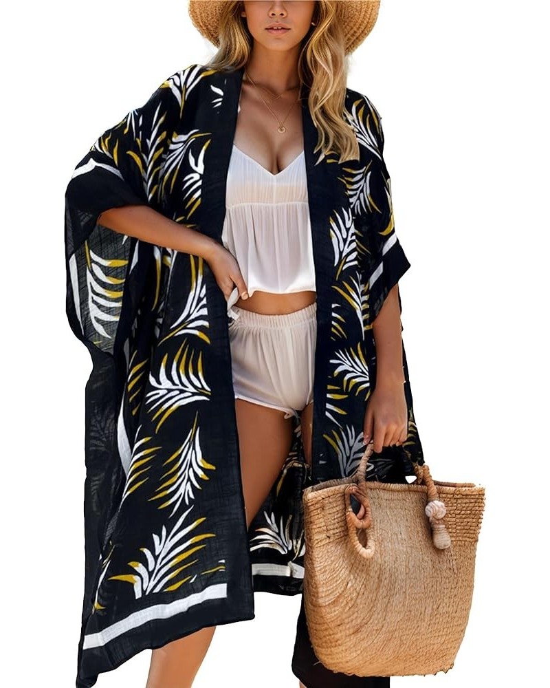 Women's Beach Cover up Swimsuit Kimono Cardigan with Bohemian Floral Print E Black Leaves $12.00 Swimsuits