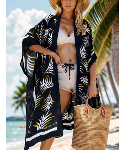 Women's Beach Cover up Swimsuit Kimono Cardigan with Bohemian Floral Print E Black Leaves $12.00 Swimsuits