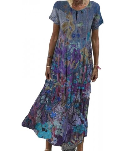 Womens Bohemian Floral Retro Maxi Dresses Cotton Linen Flowy Short Sleeve Casual T Shirt 2024 Pleated Dress Blue $16.73 Dresses