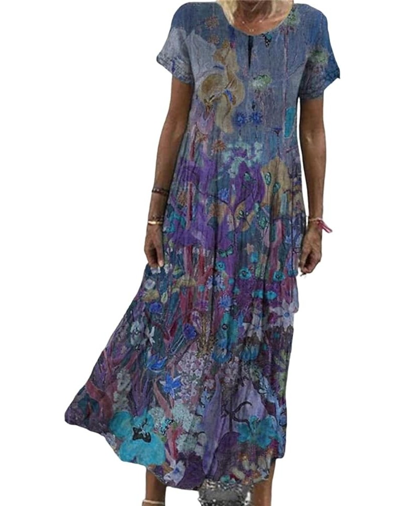 Womens Bohemian Floral Retro Maxi Dresses Cotton Linen Flowy Short Sleeve Casual T Shirt 2024 Pleated Dress Blue $16.73 Dresses