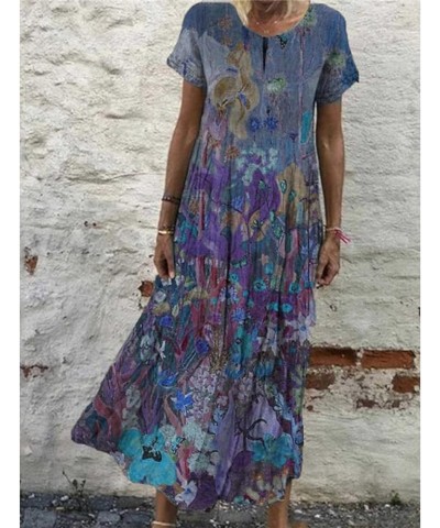 Womens Bohemian Floral Retro Maxi Dresses Cotton Linen Flowy Short Sleeve Casual T Shirt 2024 Pleated Dress Blue $16.73 Dresses