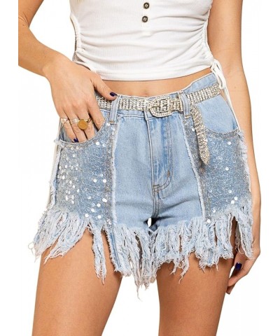 Womens Fashion Ripped Fringe Jeans Shorts High Waisted Sequins Distressed Frayed Denim Shorts Blue $16.27 Shorts