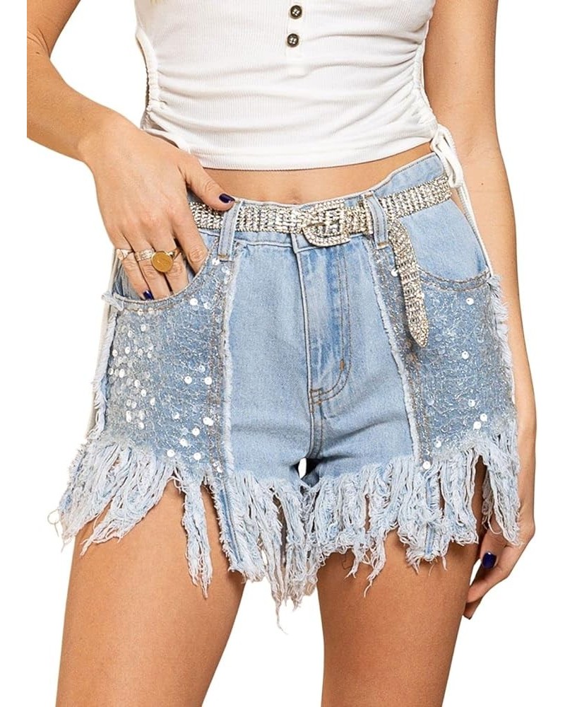 Womens Fashion Ripped Fringe Jeans Shorts High Waisted Sequins Distressed Frayed Denim Shorts Blue $16.27 Shorts