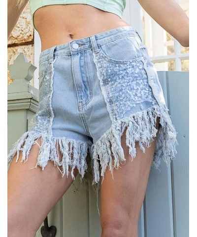 Womens Fashion Ripped Fringe Jeans Shorts High Waisted Sequins Distressed Frayed Denim Shorts Blue $16.27 Shorts