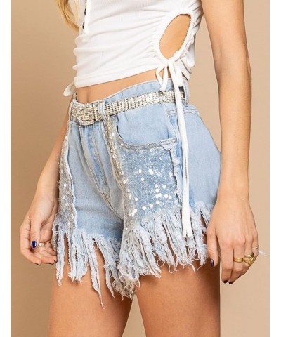 Womens Fashion Ripped Fringe Jeans Shorts High Waisted Sequins Distressed Frayed Denim Shorts Blue $16.27 Shorts