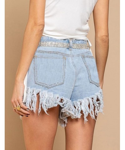 Womens Fashion Ripped Fringe Jeans Shorts High Waisted Sequins Distressed Frayed Denim Shorts Blue $16.27 Shorts