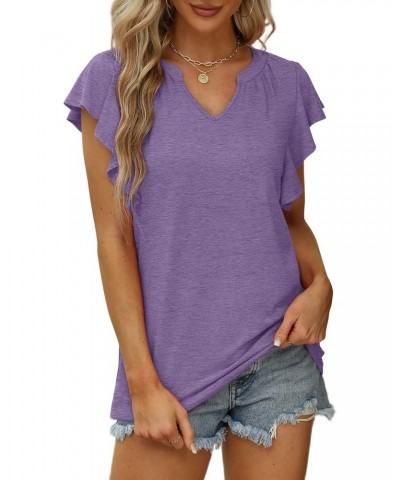 Women's T-Shirts Loose Fit Ruffle Tops for Women Short Sleeve Lavender M $7.79 T-Shirts