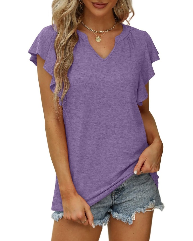 Women's T-Shirts Loose Fit Ruffle Tops for Women Short Sleeve Lavender M $7.79 T-Shirts