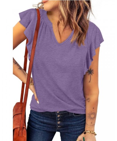 Women's T-Shirts Loose Fit Ruffle Tops for Women Short Sleeve Lavender M $7.79 T-Shirts