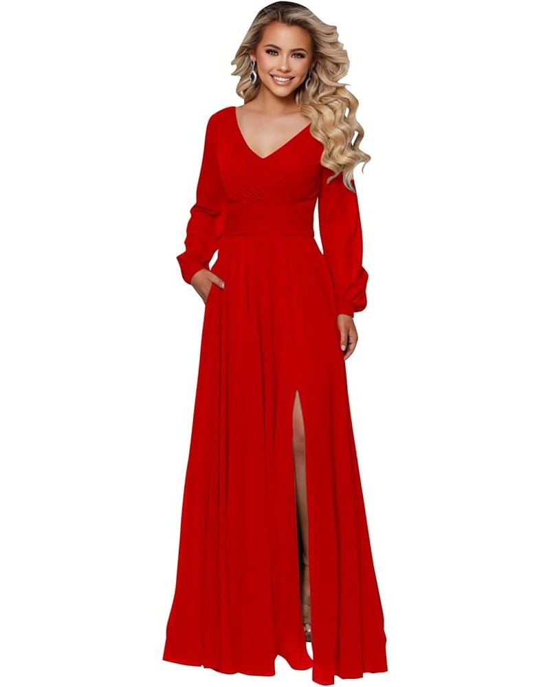 Women's Long Sleeve Bridesmaid Dresses for Wedding V Neck Chiffon A Line Formal Dress Evening Gown Red $23.65 Dresses