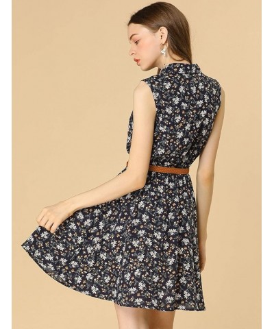 Women's Valentine's Day Floral Printed Half Placket Knee Length Sleeveless Spring Belted Dress Dark Blue-brown Floral $13.92 ...