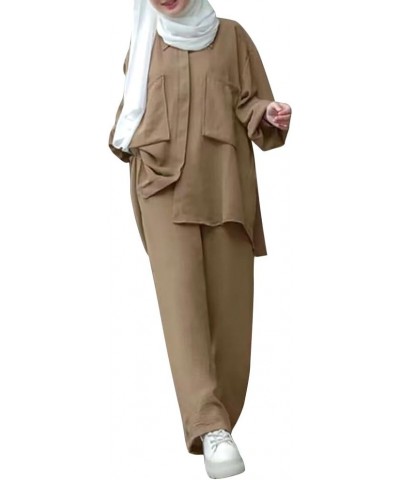 Muslim Long Sleeve Blouse Wide Leg Pants Suits Autumn Solid Abaya Women Matching Sets 2PCS Tracksuits Turkey Kaftan Khaki-poc...